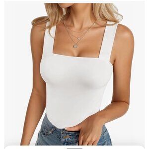 Womens White Square Neck Bodysuit Medium Sleeveless Seamless